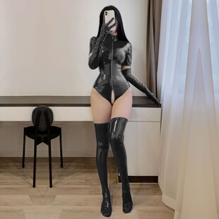 性感漆皮立领连体衣黑色拉链亮皮塑身衣趣味情调重口火辣PU仿皮衣