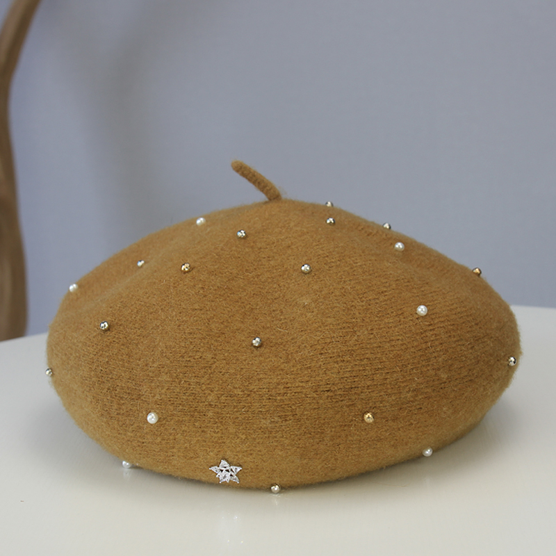 hakuzu贝雷帽女钉珠小香风