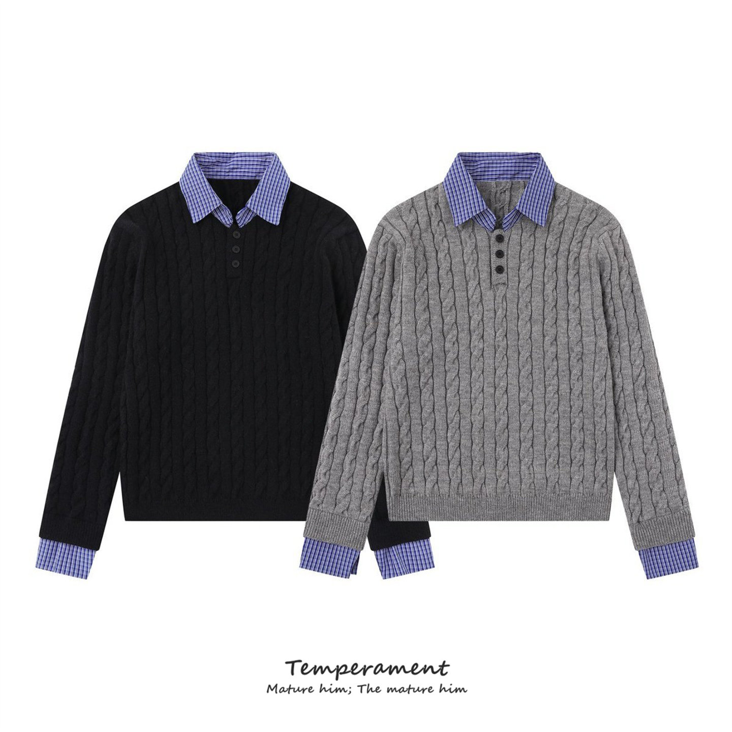 Temperament绞花假两件麻花条纹长袖毛衣针织衫女老钱风cleanfit