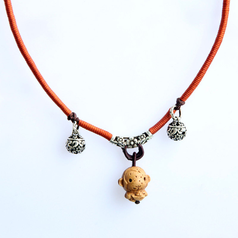 超可爱 桃核元宝猴 925银泰银铃铛镂空弯管项圈 可送小孩12生肖