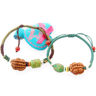 情人节礼物 野生桃核花生 绿松石 银珠 转运情侣手链