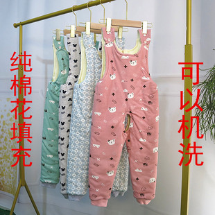 秋冬儿童棉花开档背带棉裤纯棉质宝宝连体棉裤内穿机洗开档背带裤