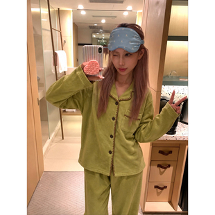 牛油果绿色德绒睡衣女韩系秋冬2026新款开衫家居服两件套装可外穿