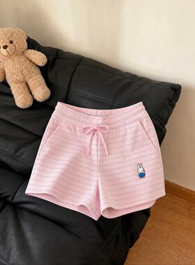 韩系粉色条纹兔子印花睡裤女款夏季宽松百搭家居大码短裤子可外穿