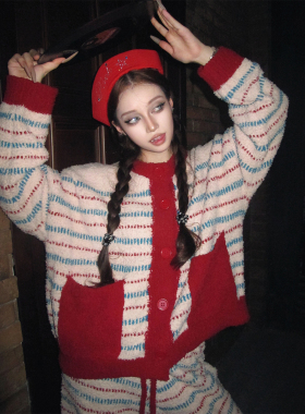 Maddy 复古设计感撞色条纹针织半边绒睡衣女秋冬季保暖家居服套装