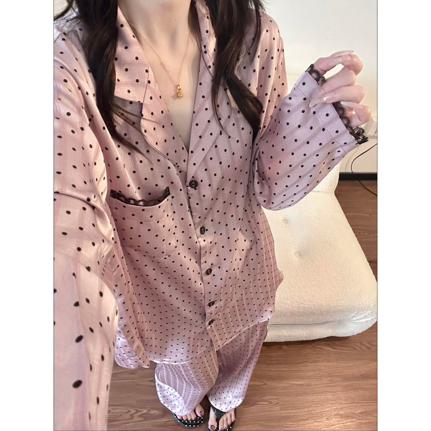 法式轻奢冰丝波点女睡衣套装