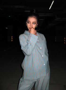 Maddy 温柔蓝条纹长袖睡衣女春秋款2026年新款韩系甜美家居服套装