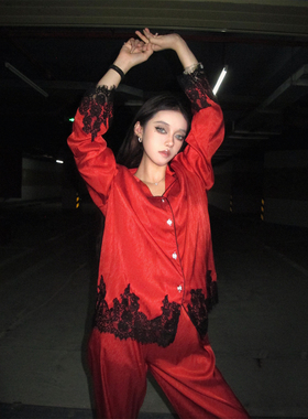 Maddy 法式高级感冰丝红色睡衣女款可外穿长袖长裤蕾丝花边家居服