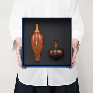 在外木艺原创平安喜乐檀木质花瓶可盛水礼盒高档摆件生日礼物乔迁