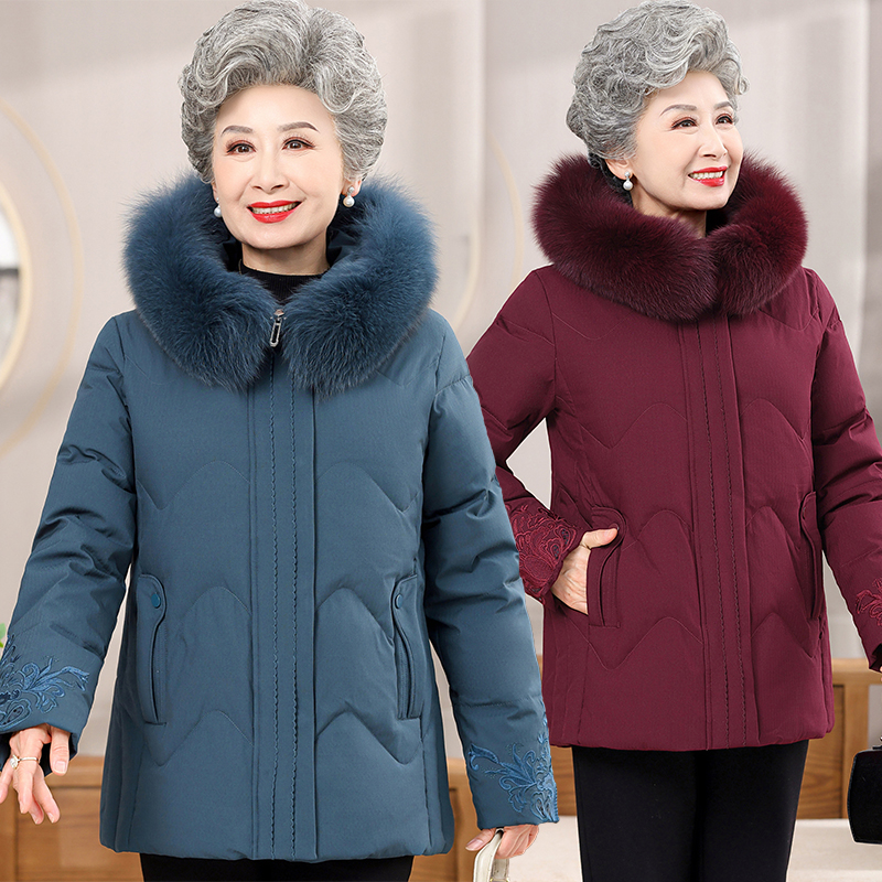 老年人羽绒服女款90白鸭绒奶奶冬装妈妈秋冬外套狐狸毛领冬季棉袄