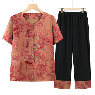中老年妈妈时尚夏装2025新款国风上衣奶奶短袖两件套夏季老人衣服