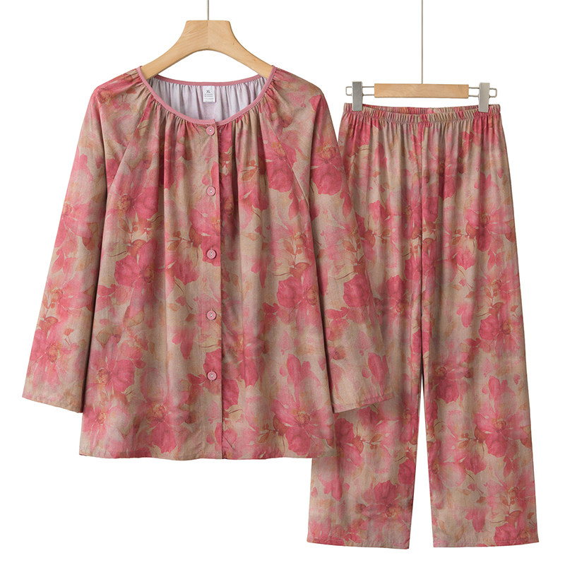 老人夏装女长袖套装奶奶宽松两件套6070岁妈妈家居服太太棉绸睡衣