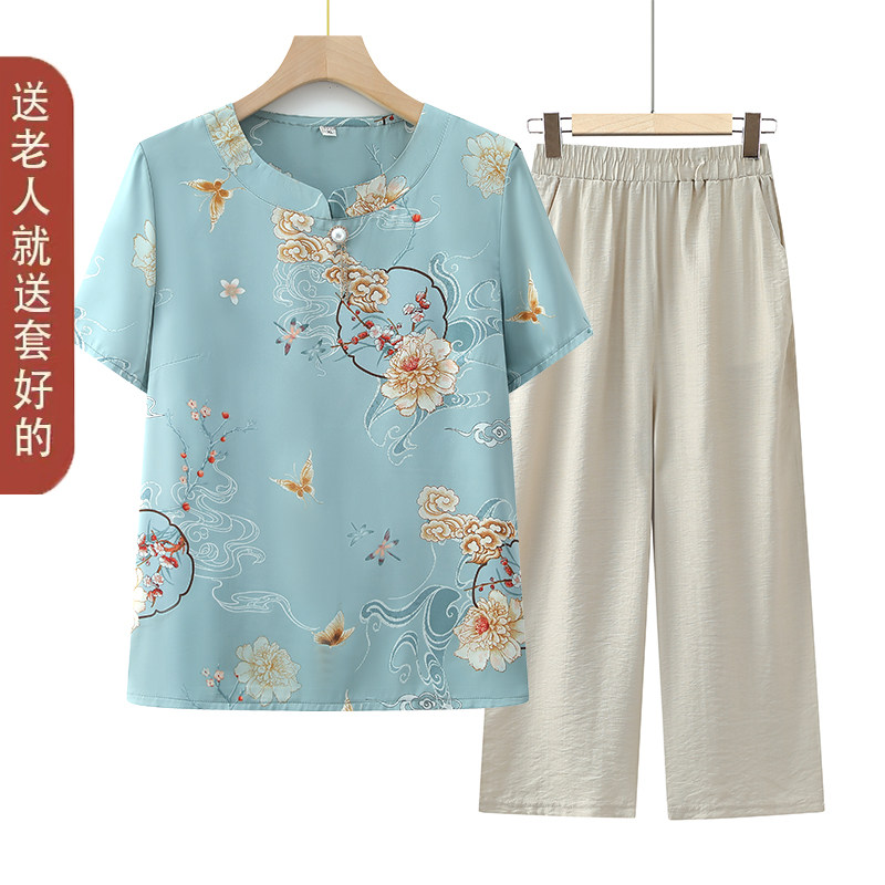 妈妈夏装套装真丝上衣中老年女装短袖T恤奶奶装夏季蚕丝老人衣服
