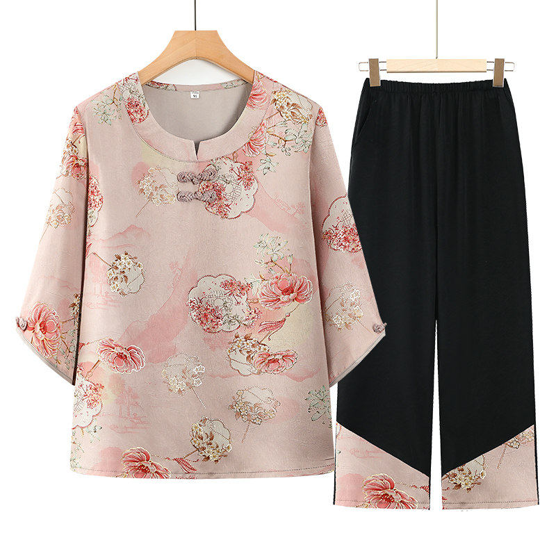 妈妈春装套装2025新款中袖奶奶装夏季中老年人雪纺衣服女洋气套装