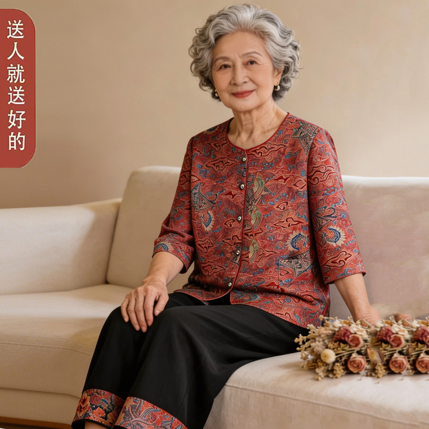 中老年夏装印花唐装七分袖套装