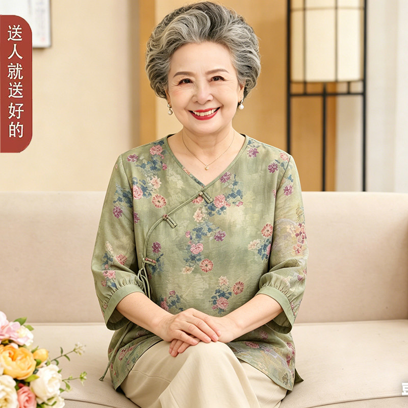 吸汗透气！老年人棉绸T恤上衣夏