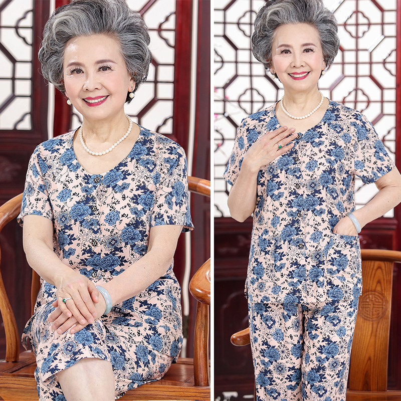 妈妈装棉绸套装奶奶透气两件套