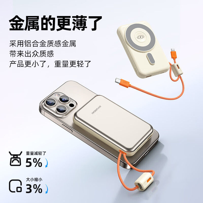 现代移动电源22.5W快充自带双线磁吸充电宝10000毫安YH-P017