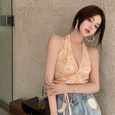 夏外穿纯欲辣妹风法式碎花绑带小吊带背心女抹胸无袖挂脖美背上衣