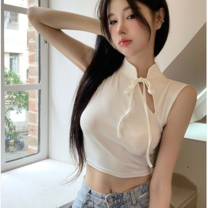 改良旗袍T恤女夏季设计感小众辣妹镂空性感紧身显瘦无袖短款上衣