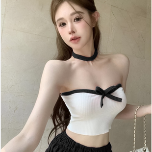 背心女修身 甜辣蝴蝶结撞色拼接短款 显瘦罗纹抹胸上衣配同色系项圈