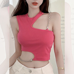 甜酷辣妹不规则设计感缕空吊带上衣女外穿链条百搭显白露脐小背心
