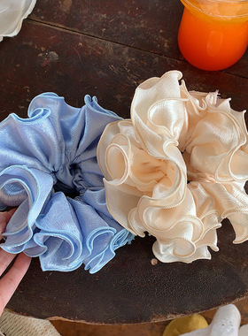 蓝色小花苞大肠发圈褶皱法式温柔缎面四层木耳边法绳丸子头发饰