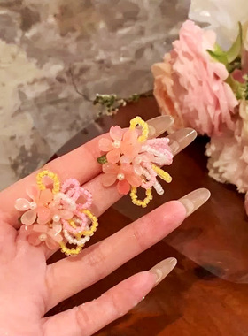 粉色海棠花耳环！串珠花朵耳钉缤纷森系小清新度假风春季新款耳饰