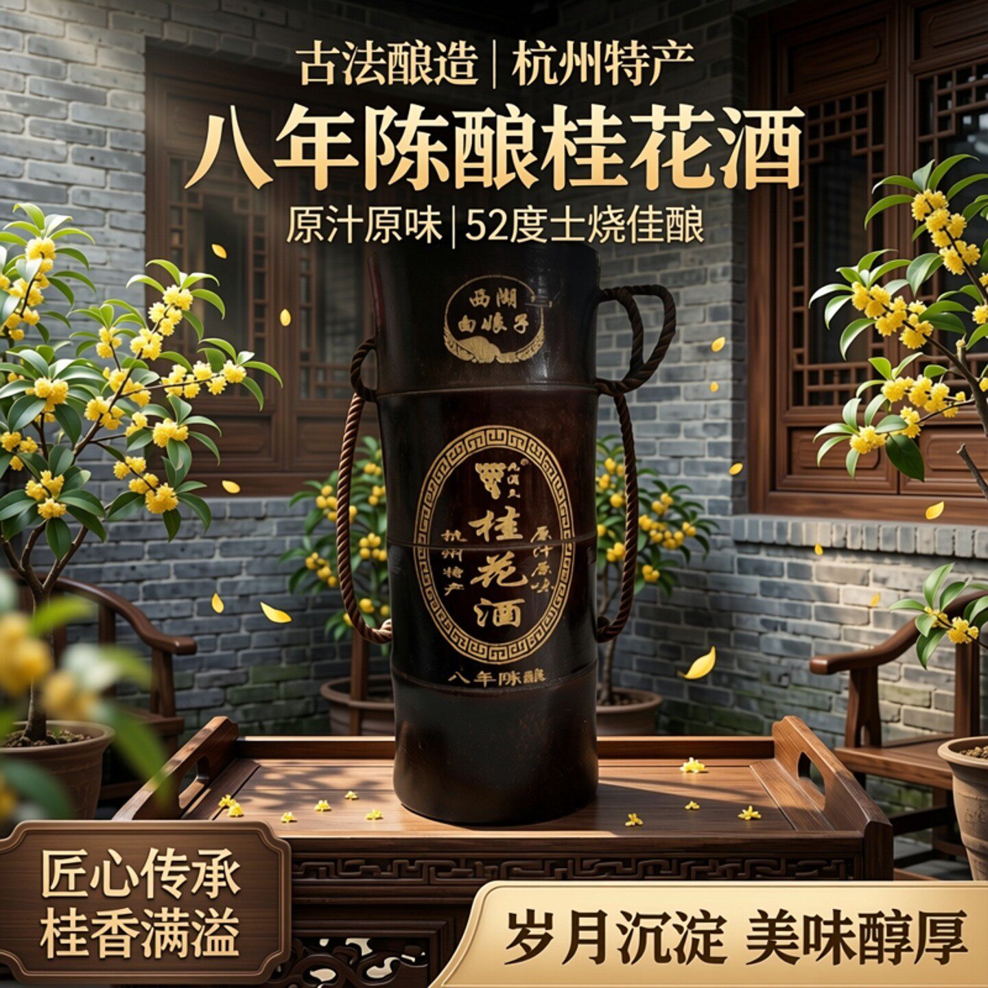 桂花酒桂花酿杭州特产土烧桂花酒八年陈52度古法酿造桶装桂花味