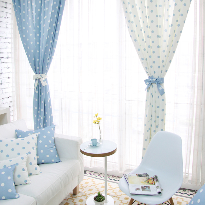 蓝白波点窗帘小清新半遮光纱帘