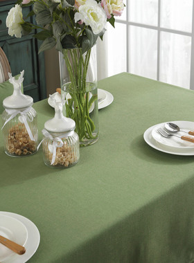 军绿色桌布棉麻纯色印花美式简约长方形茶几盖巾会议室大台布定做