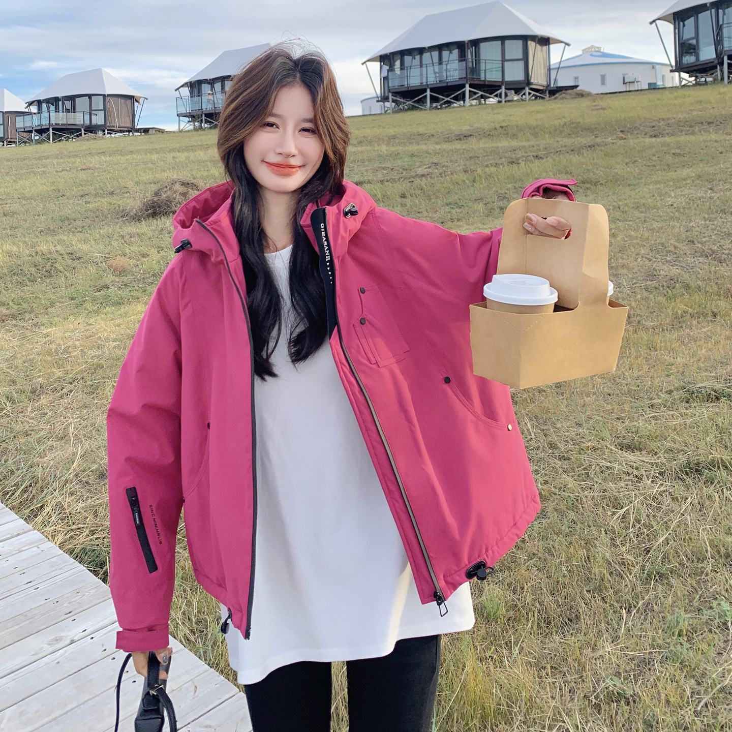 夹棉派克服玫粉色冲锋衣外套女冬季短款夹克 YUEQ25888-P155-K255