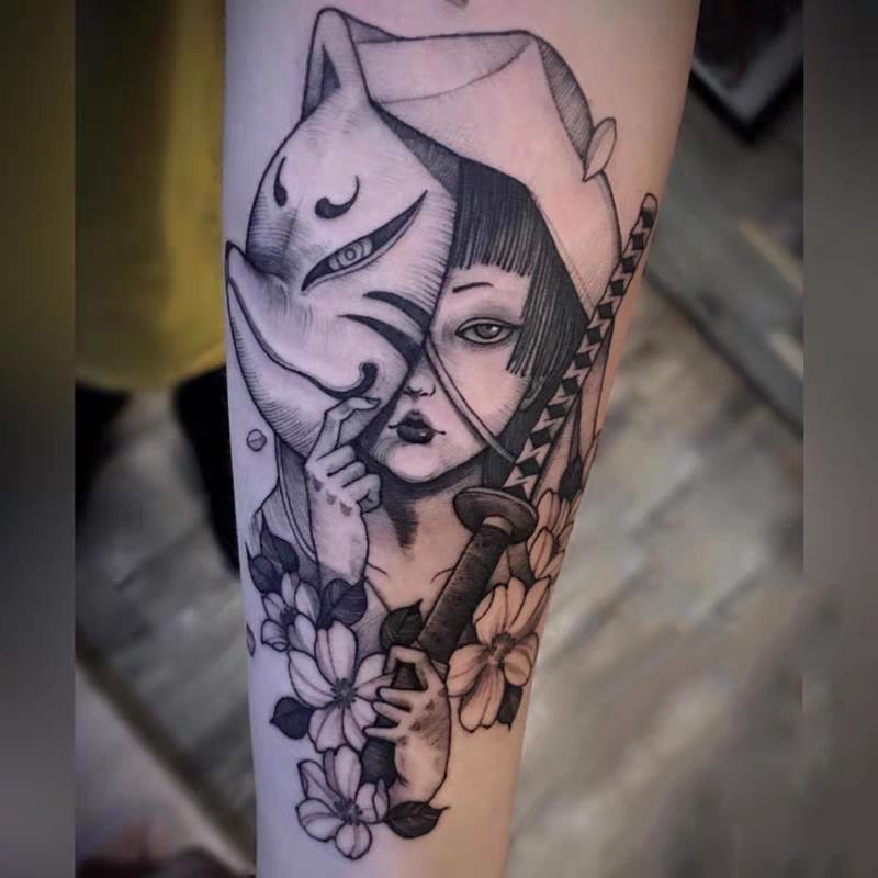9张艺伎纹身 暗黑日系狐面面具忍者花朵浮世绘黑白艺妓纹身贴防水