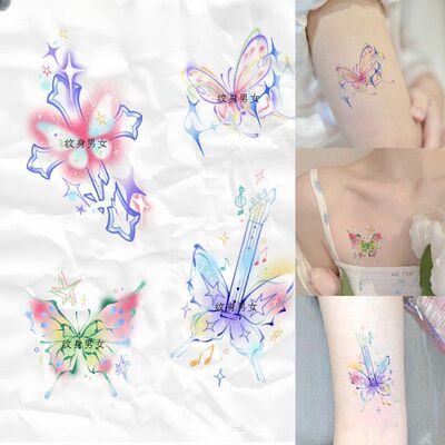 彩色音乐派对蝴蝶纹身贴防水 女 新款手臂锁骨少女高级感仿真贴纸
