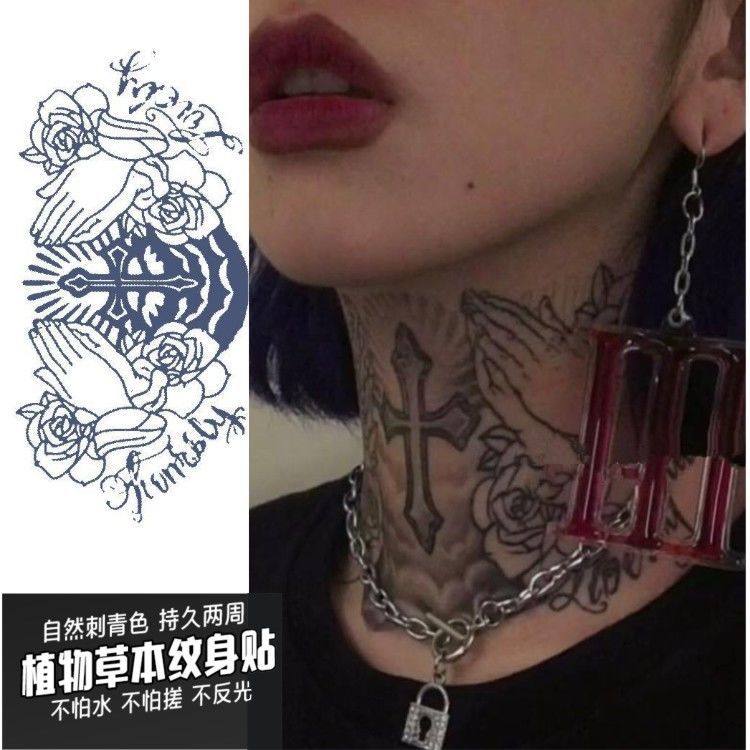 果汁男女 网红ins十字架祈祷脖子纹身贴防水男女持久欧美黑白个性
