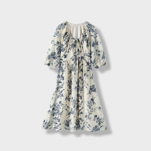 [格格来了专属]法式复古碎花V领国风水墨画连衣裙