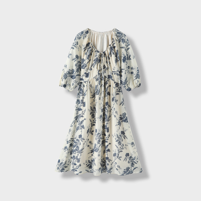 [格格来了专属]法式复古碎花V领国风水墨画连衣裙