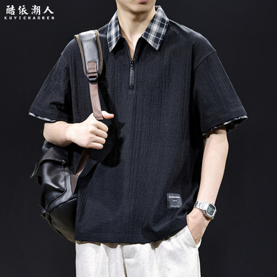 夏季提花肌理男士短袖T恤Polo衫假两件撞色格纹2026新款宽松大码