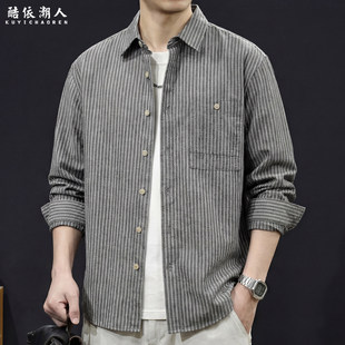衬衣外套2026新款 男士 春季 休闲开衫 亚麻混纺条纹轻薄长袖 大码 衬衫