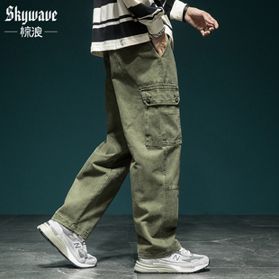 复古水洗机能工装裤男直筒宽松大码秋季新款军绿色潮牌休闲裤长裤