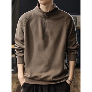 美式复古重磅加绒半拉链立领卫衣男2025秋季新款亲肤条纹针织衣服