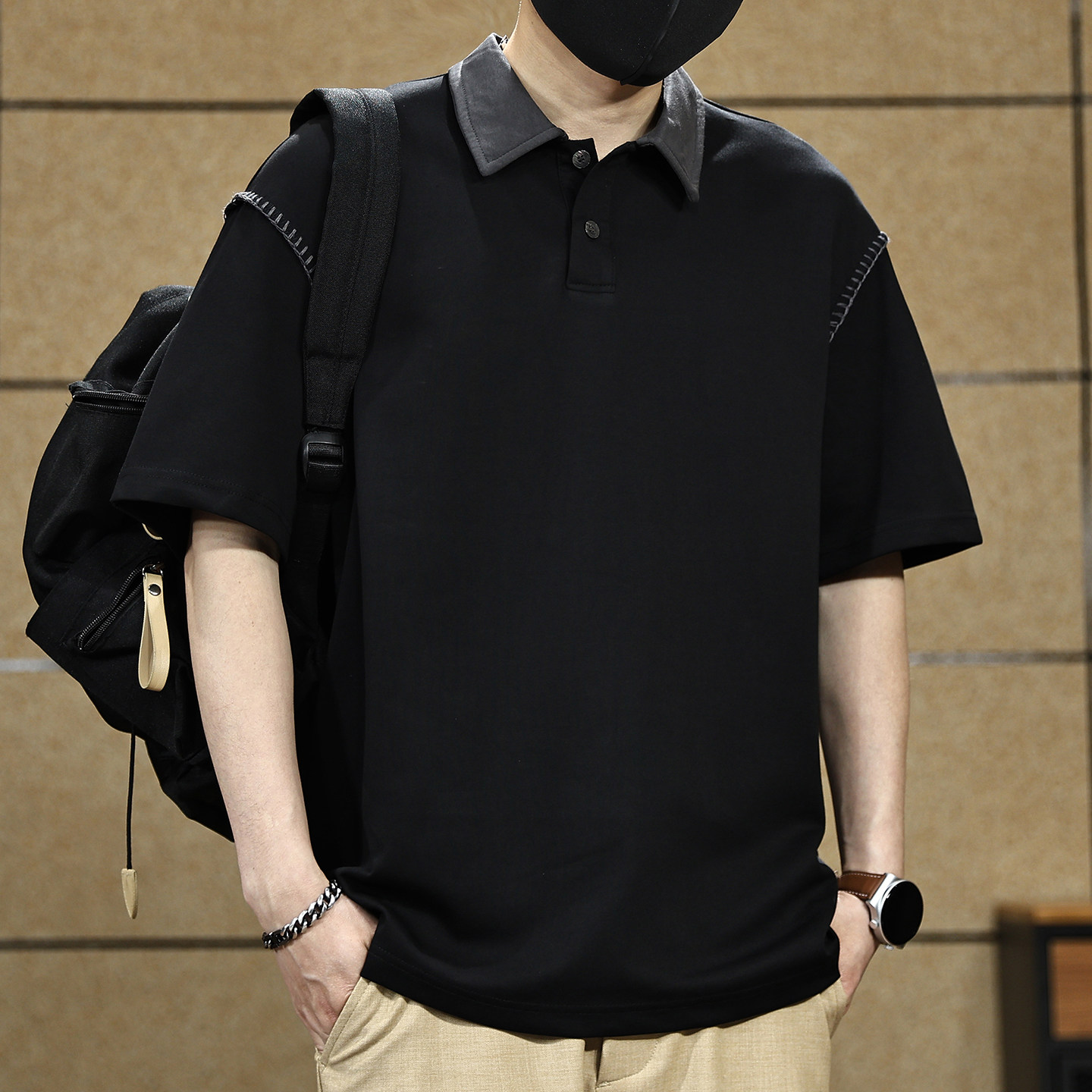 美式复古撞色翻领短袖POLO衫男士夏季新款宽松大码拼接T恤男上衣