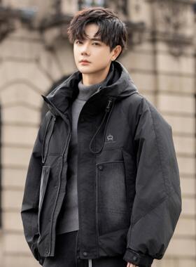 连帽男士羽绒服2025新款冬季加厚短款潮牌工装风保暖外套户外防寒