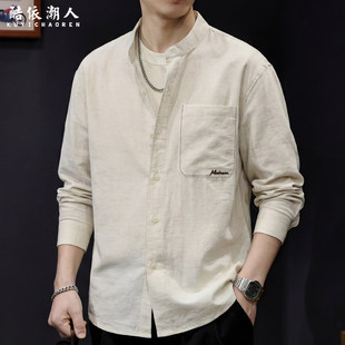 莱塞尔亚麻混纺立领长袖衬衫男士春季刺绣休闲潮牌极简老钱风衬衣