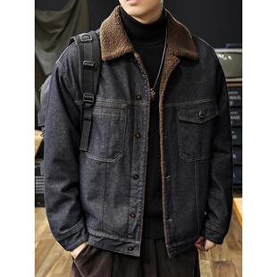 美式原浆丹宁羊羔绒牛仔外套男2025冬季新款加绒加厚保暖棉服夹克