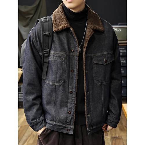 美式原浆丹宁羊羔绒牛仔外套男2025冬季新款加绒加厚保暖棉服夹克