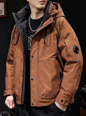 砖红羽绒服男冬季2025新款加厚保暖连帽男士短款潮牌工装外套大码