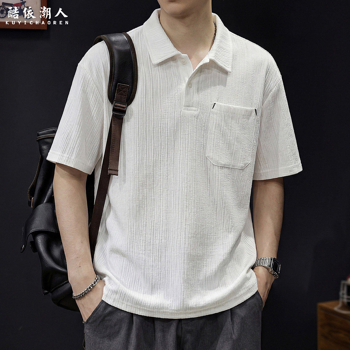 轻奢风翻领竖纹肌理感Polo衫男短袖T恤夏季宽松坑条针织上衣潮牌