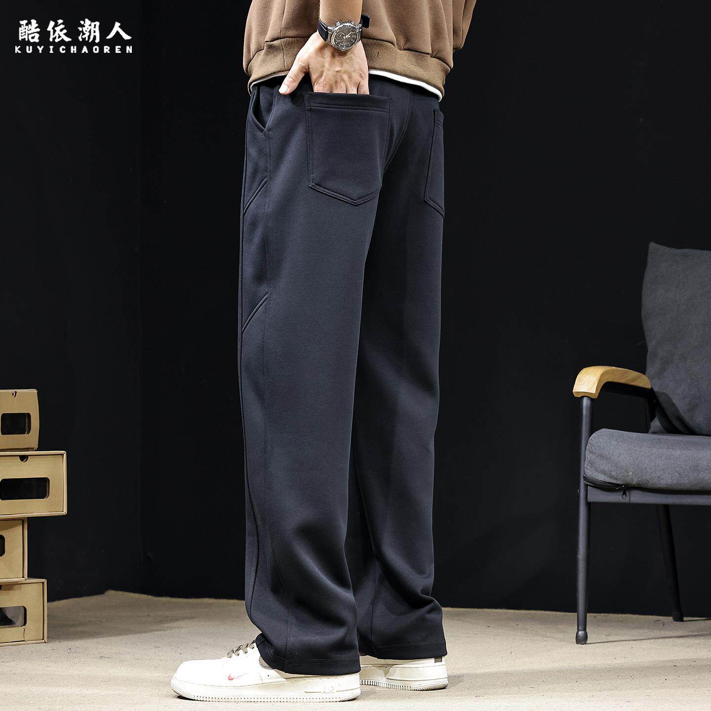 拼接直筒运动裤男秋冬季2025新款加绒加厚卫裤休闲长裤子宽松大码