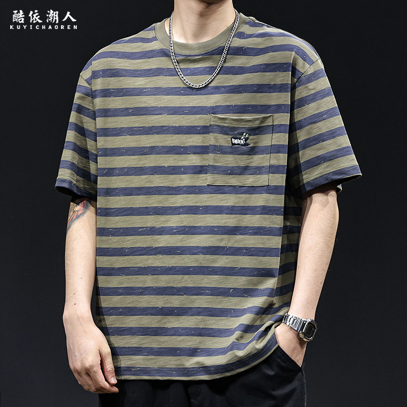 条纹印花刺绣潮牌短袖t恤男士宽松大码夏季2026新款衣服高端体恤